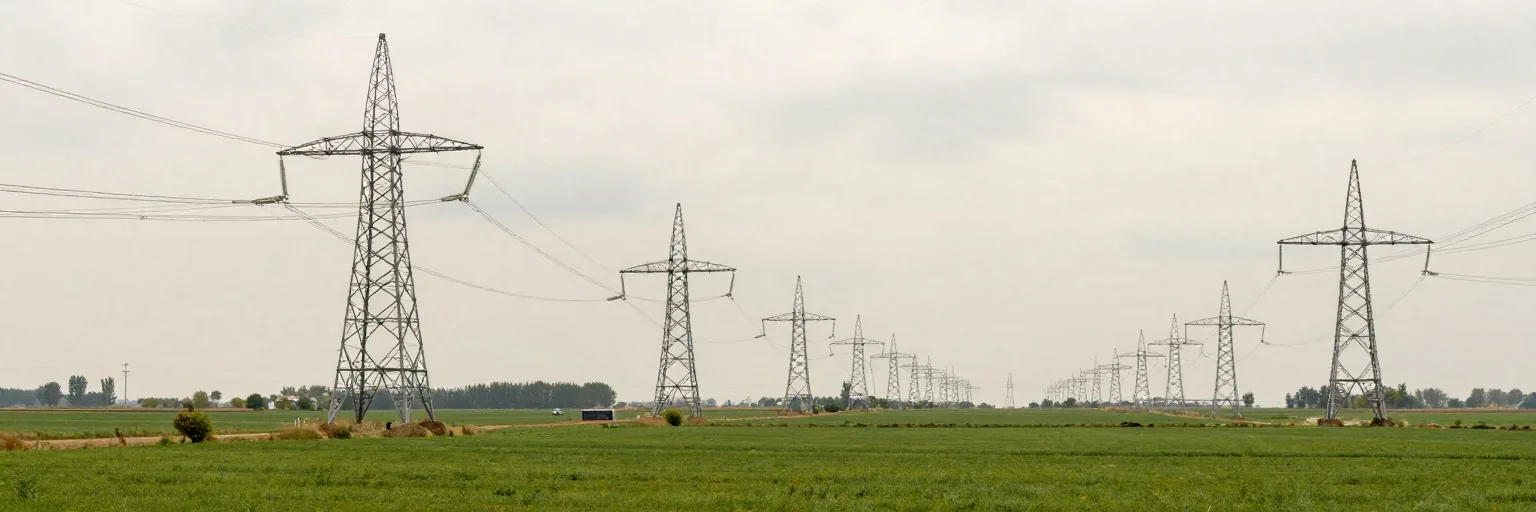 Rząd słupów wysokiego napięcia ciągnący się przez pola